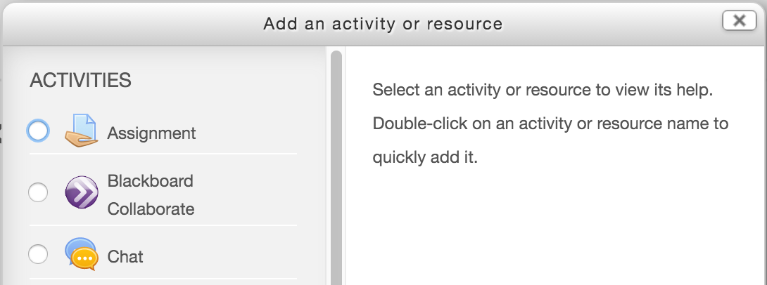 Add an activity or resource (window)